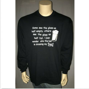 Y2K Black Long Sleeve T Shirt Glass 1/2 Empty Who's Drinking My Beer - NOS
